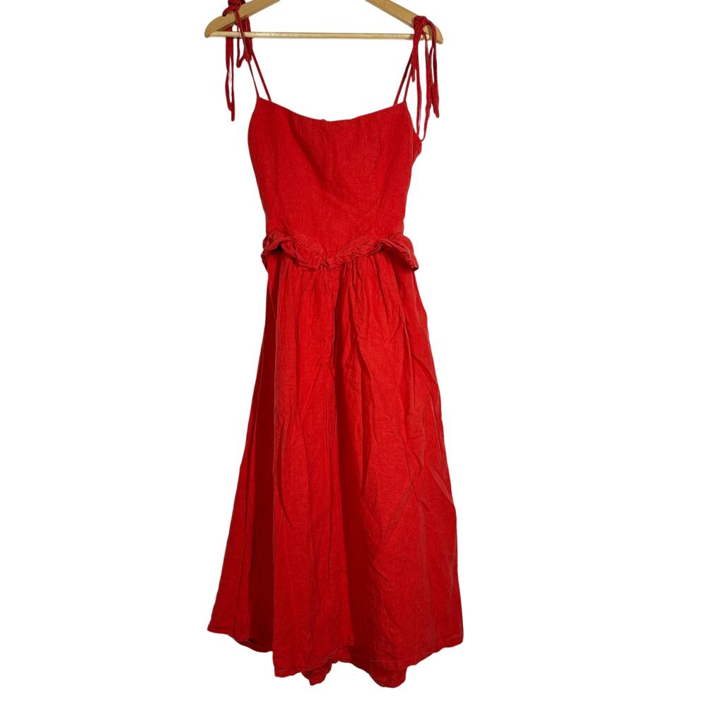 Eliza Faulkner Tessa Dress Linen Sleeveless Ruffle Open Back Midi A-Line Red S - Picture 3 of 9